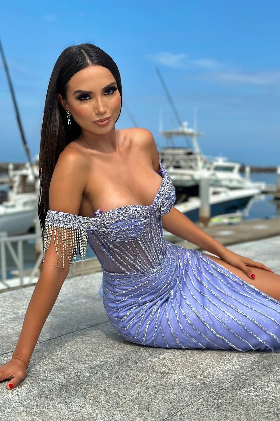 Classic Lavender Sweetheart Off-The-Shoulder Mermaid Prom Dresses Sheath Gem With Side Split