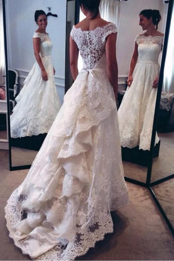 Classic Off-The-Shoulder Tiered Lace A-Line Wedding Dress (ZD16060)