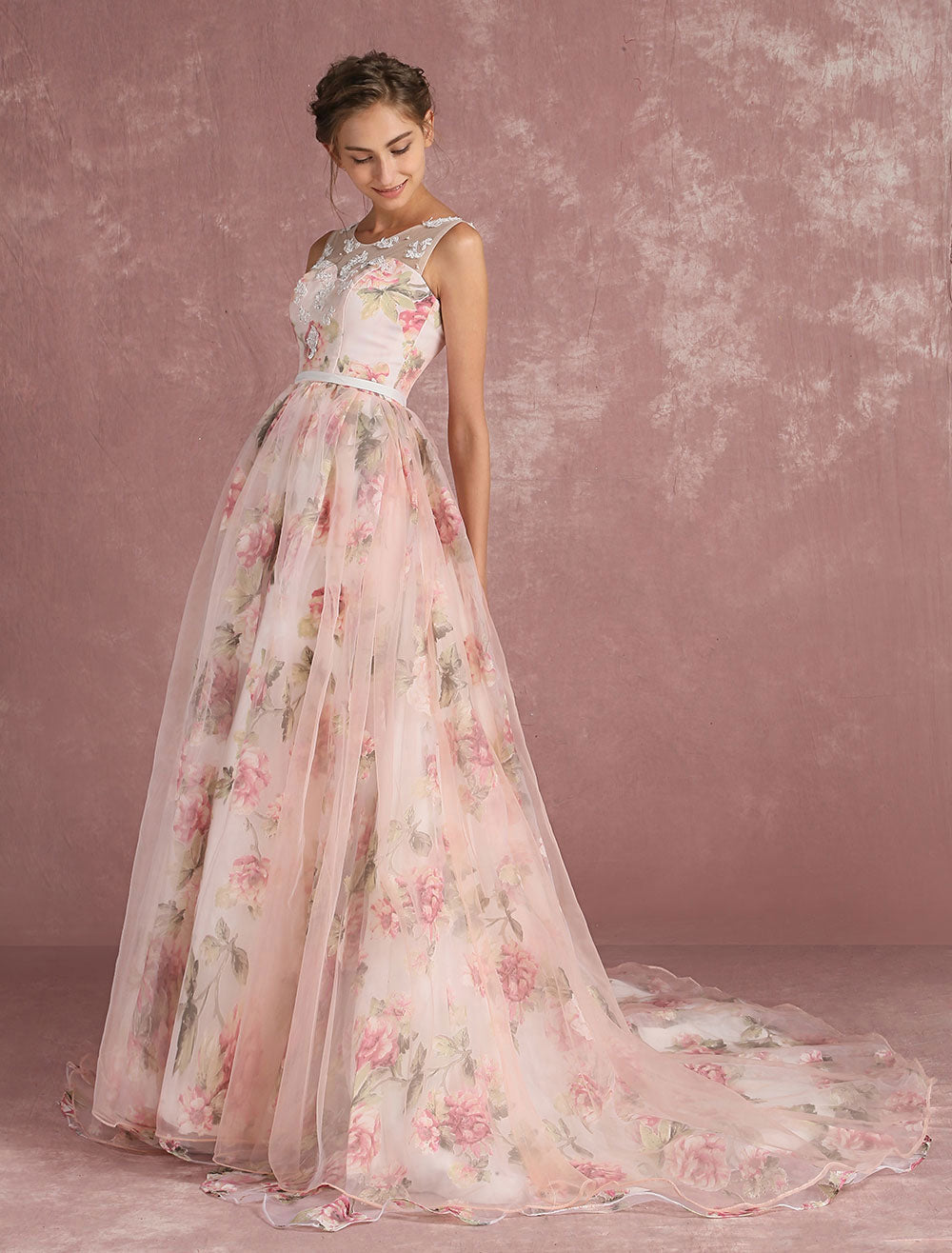 Classic Pink Evening Dresses Long Floral Print Organza Pageant Dress Backless Chapel Train Party Dress