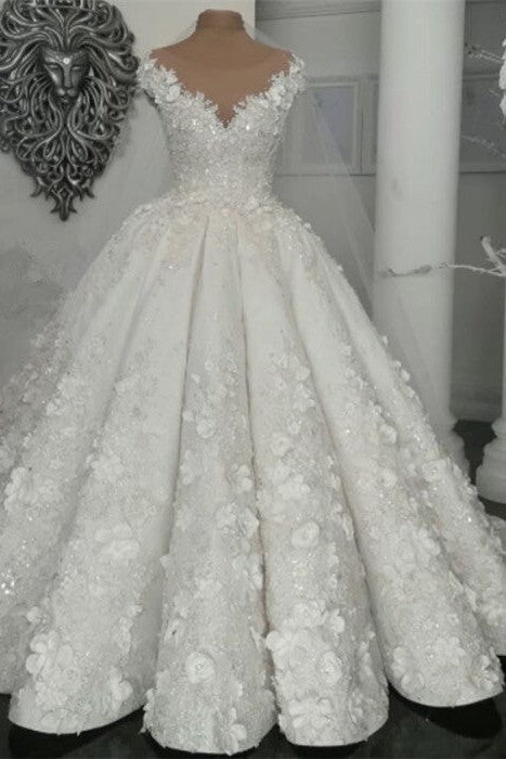 Classic Sleeveless Crystal Wedding Dresses Sheer Tulle Flowers Bridal Gowns with sparkle Beading