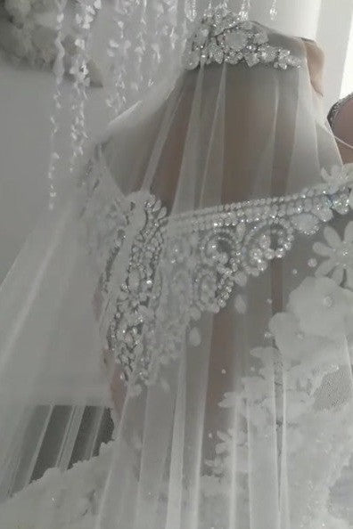 Classic Sleeveless Crystal Wedding Dresses Sheer Tulle Flowers Bridal Gowns with sparkle Beading