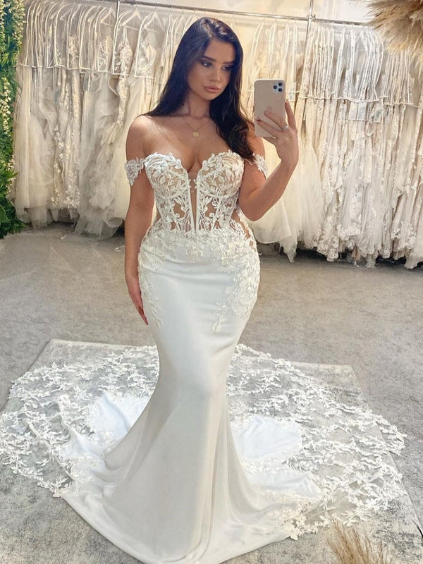 Modern Satin Lace Corset Bodice Off-Shoulder Mermaid Wedding Gown Lace Train