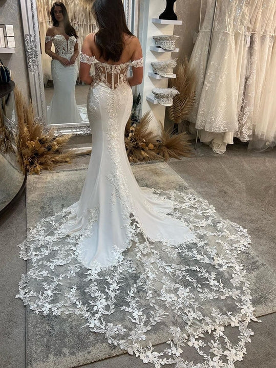 Modern Satin Lace Corset Bodice Off-Shoulder Mermaid Wedding Gown Lace Train