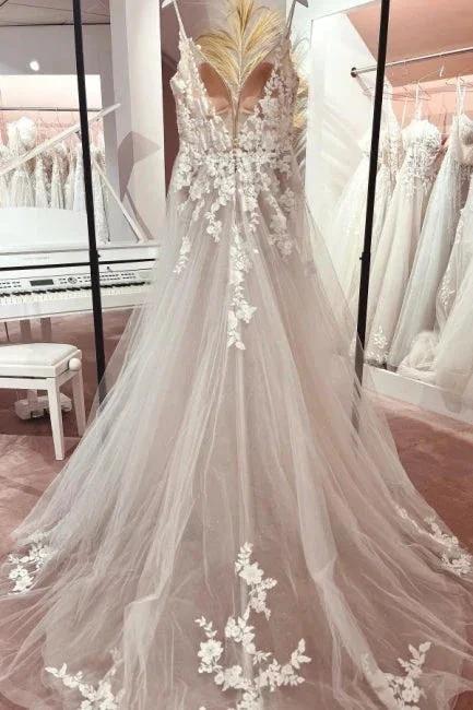 Classic v-neck spaghetti straps sleeveless a-line lace Wedding dresses (ZD14858)