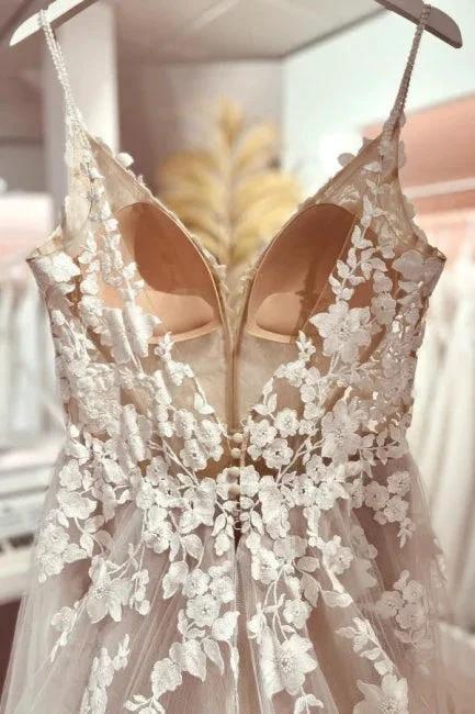 Classic v-neck spaghetti straps sleeveless a-line lace Wedding dresses (ZD14858)