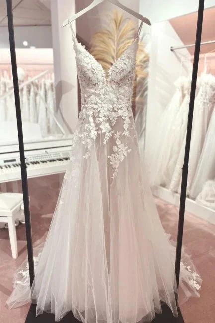 Classic v-neck spaghetti straps sleeveless a-line lace Wedding dresses (ZD14858)