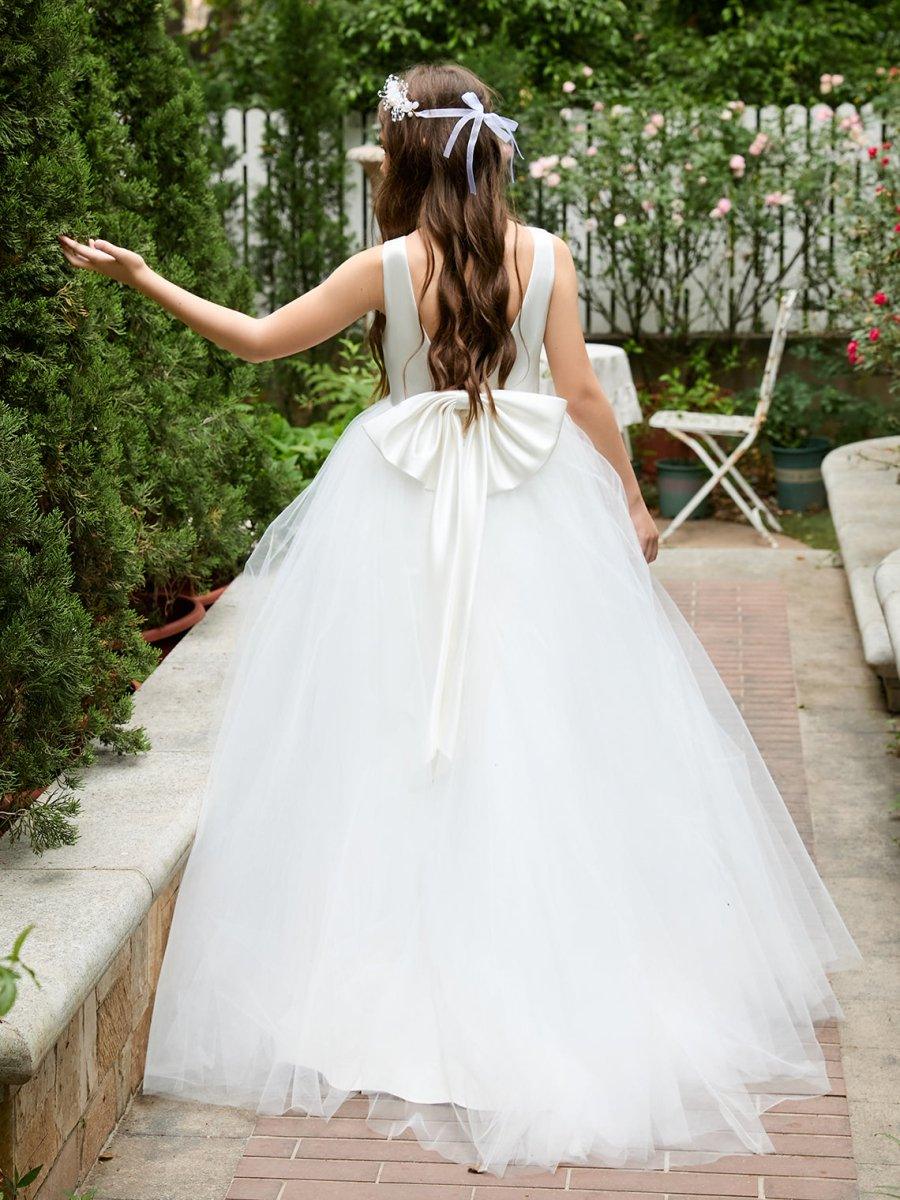 Classic White A-line Sleeveless Satin and Tulle Flower Girl Dress
