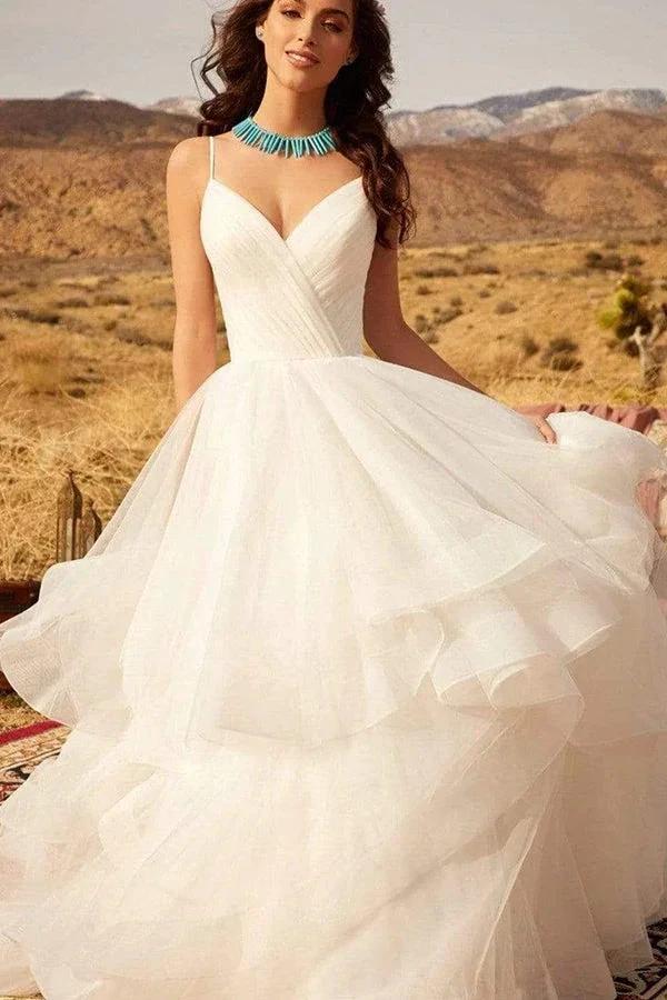 ClassicSpaghetti-Straps V-Neck Wedding Dress Ruffles Chiffon Tulle Designer Bridal Dress (ZD13837)