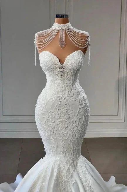 Classy Appliques Lace Tassel Sweetheart Sleeveless Chapel Mermaid Wedding Dresses (ZD16422)