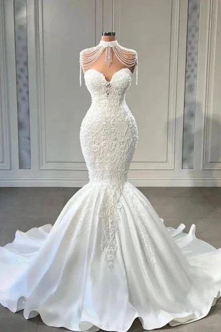 Classy Appliques Lace Tassel Sweetheart Sleeveless Chapel Mermaid Wedding Dresses (ZD16422)