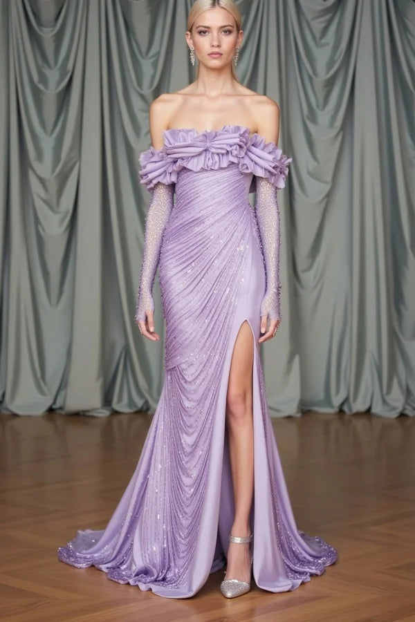 Classy Lilac Off-The-Shoulder Long Sleeves Mermaid Prom Dress Side Split With Beads Zipper