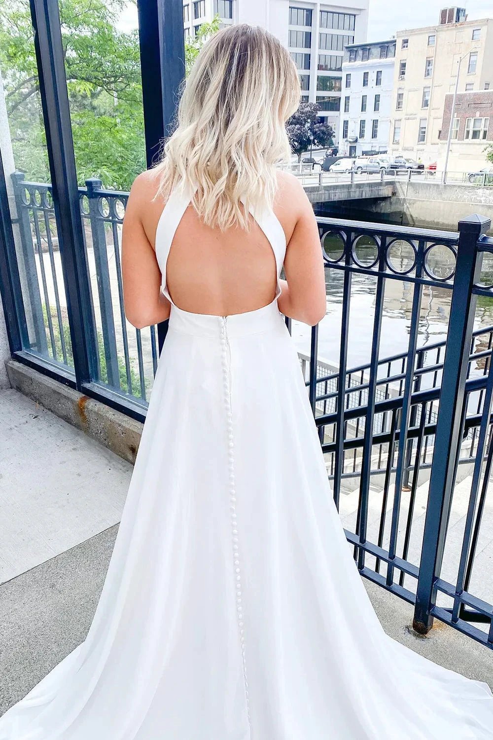 Classy Long A-line Halter Open Back Satin Wedding Dress (ZD14299)