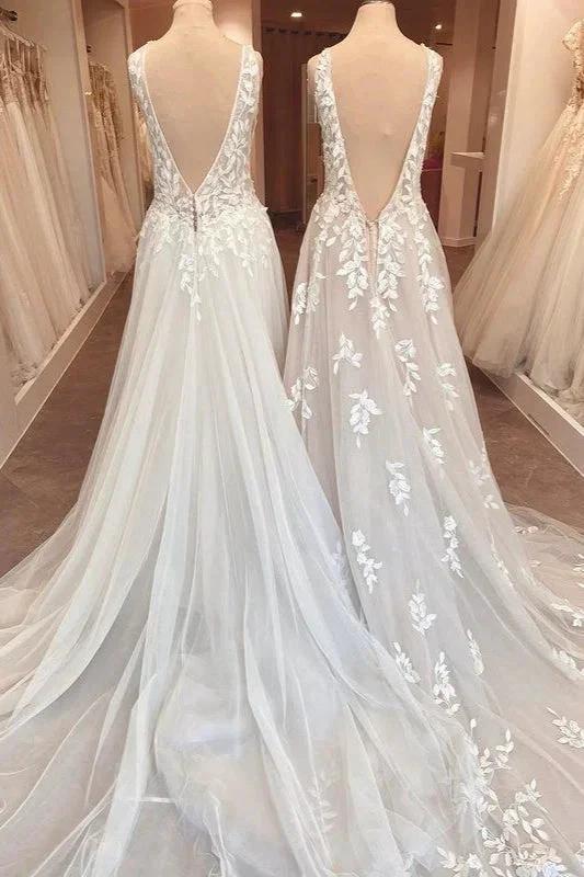 Classy Long A-Line Sweetheart Appliques Lace Open Back Wedding Dress (ZD15211)