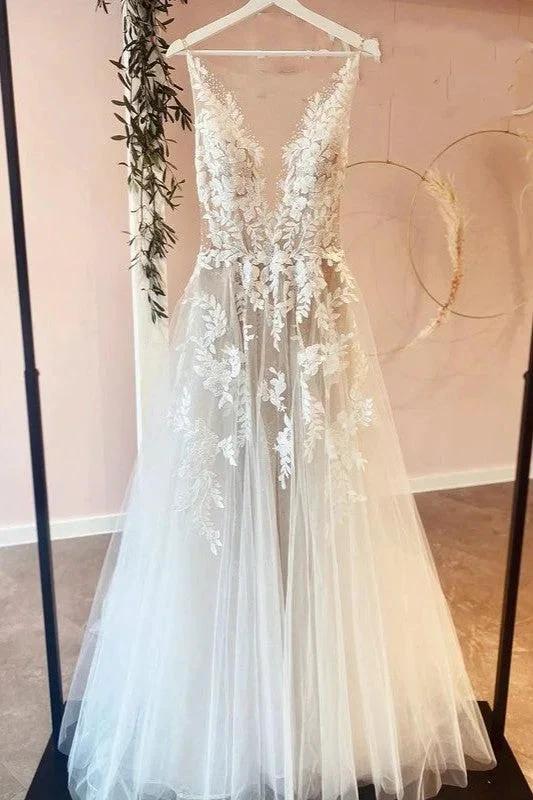Classy Long A-line Tulle Appliques Lace Wedding Dress (ZD14277) - VelvetHem