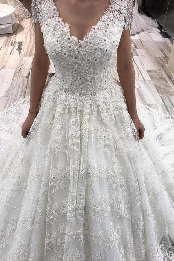 Classy Long A-Line V-neck Appliques Lace Crystal Wedding Dress (ZD15133)