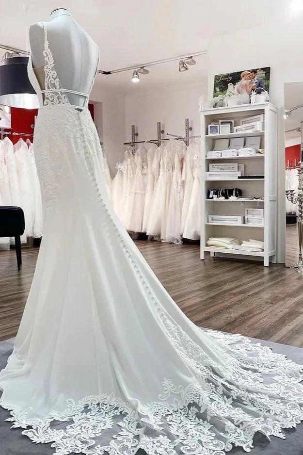 Classy Long Mermaid V-neck Satin Open Back Wedding Dress with Lace Appliques (ZD15271)