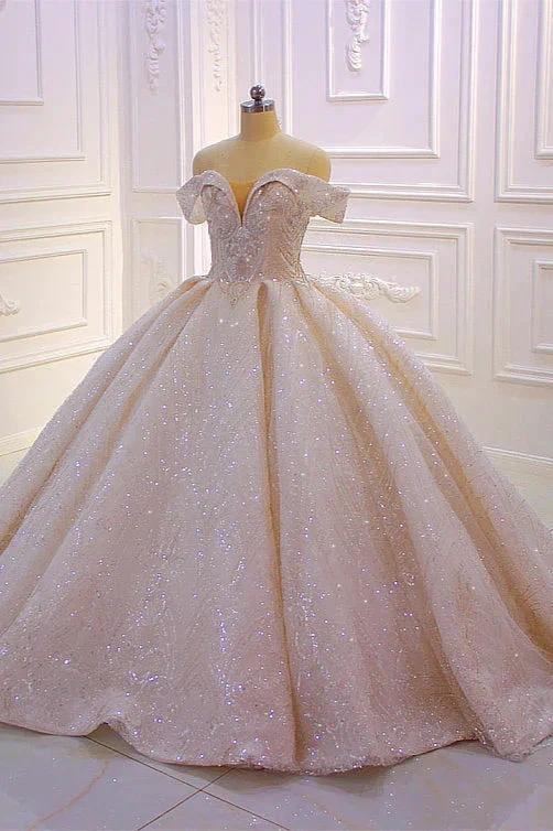 Classy Long Off the Shoulder Sequin Beading Satin Ball Gown Wedding Dress (ZD15189)