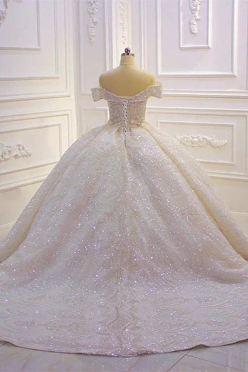 Classy Long Off the Shoulder Sequin Beading Satin Ball Gown Wedding Dress (ZD15189)