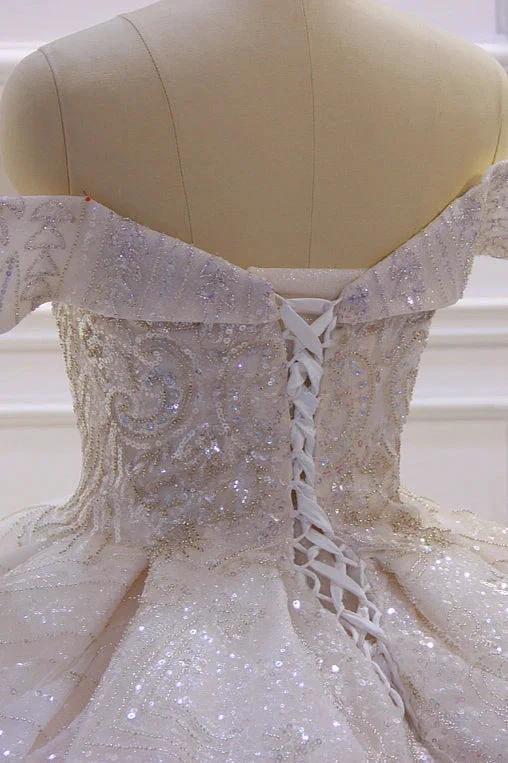 Classy Long Off the Shoulder Sequin Beading Satin Ball Gown Wedding Dress (ZD15189) - View 6 | VelvetHem