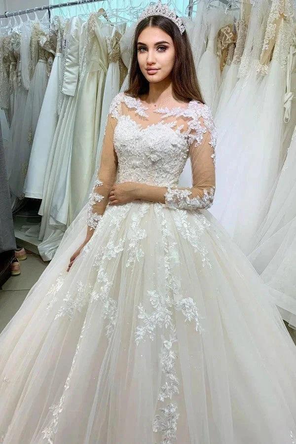 Classy Long Princess Appliques Lace Tulle Wedding Dress with Sleeves (ZD15074)