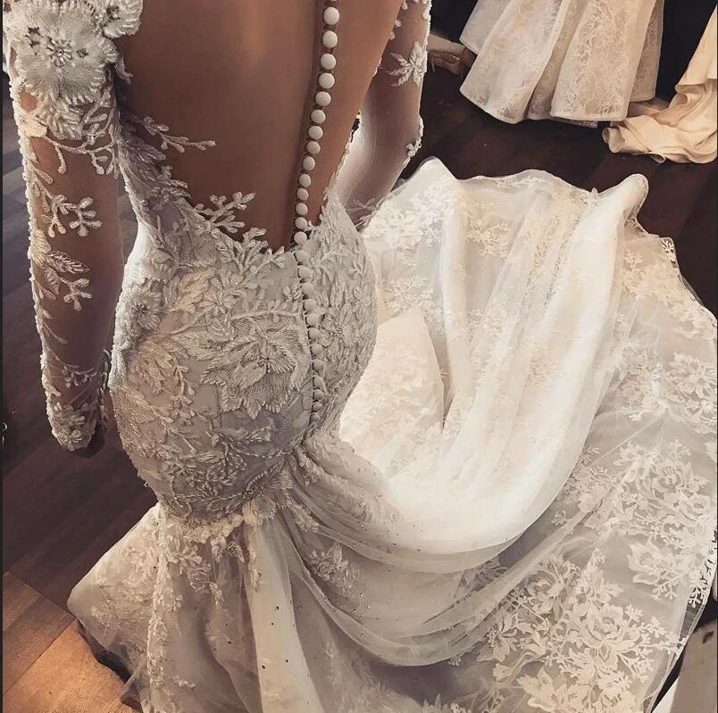 Classy Long Sleeve Sweetheart Appliques Lace Mermaid Wedding Dress With Tulle Ruffles (ZD15094)