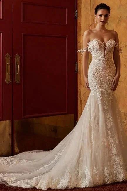 Classy Off-the-shoulder Sleeveless Mermaid Lace Wedding Dresses with Applique (ZD16563)