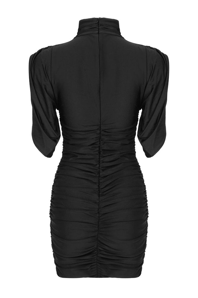 Classy Rosette Trim High Neck Draped Sleeve Ruched Party Mini Dress - Black - Fashionpara