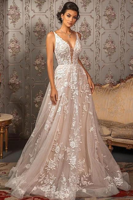 Classy V-neck Appliques Lace Spaghetti Straps Sleeveless A-Line Wedding Dresses (ZD16564)