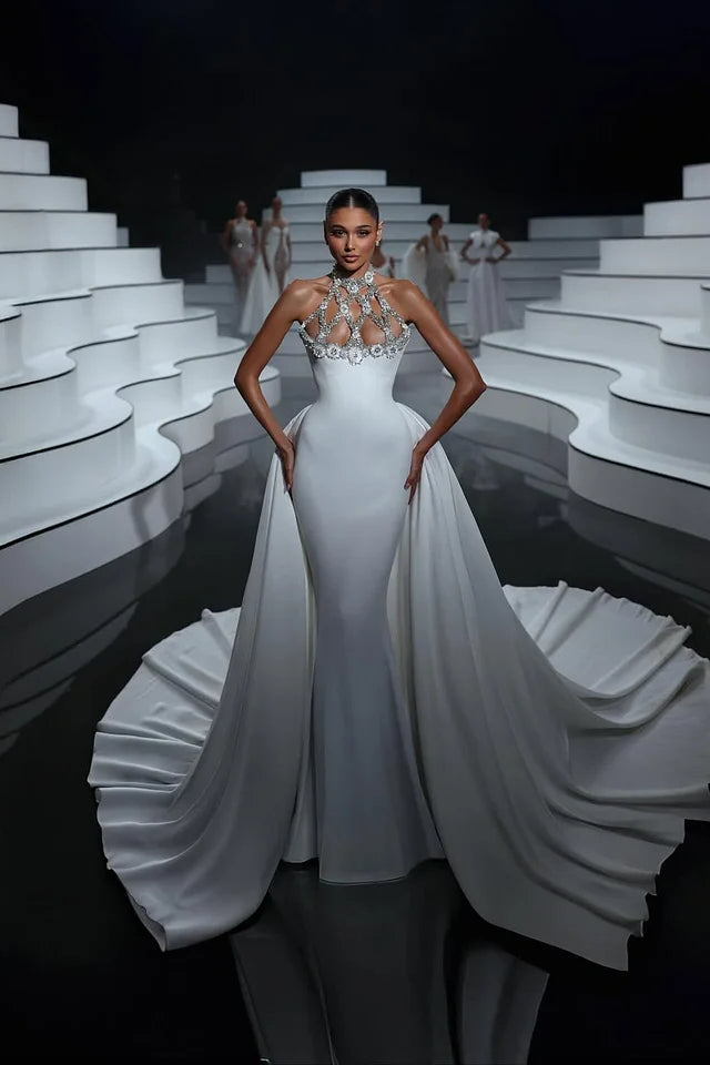 Classy White Halter Sleeveless Satin Mermaid Prom Dress Column Gem With Train