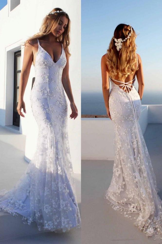 Cloth-fitting Floor Length Lace V-neck Spaghetti Open Back Prom Dresses Party Gowns With Lace Up