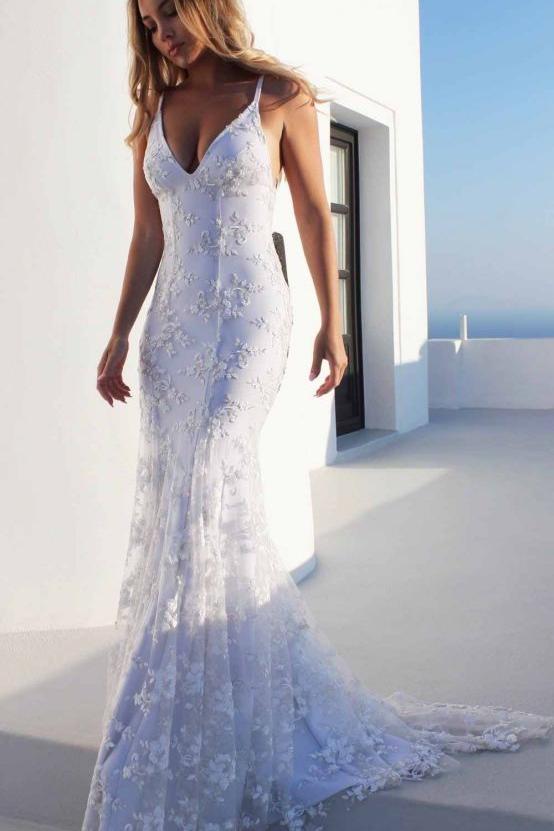 Cloth-fitting Floor Length Lace V-neck Spaghetti Open Back Prom Dresses Party Gowns With Lace Up