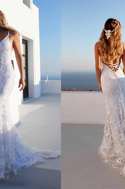Cloth-fitting Floor Length Lace V-neck Spaghetti Open Back Prom Dresses Party Gowns With Lace Up