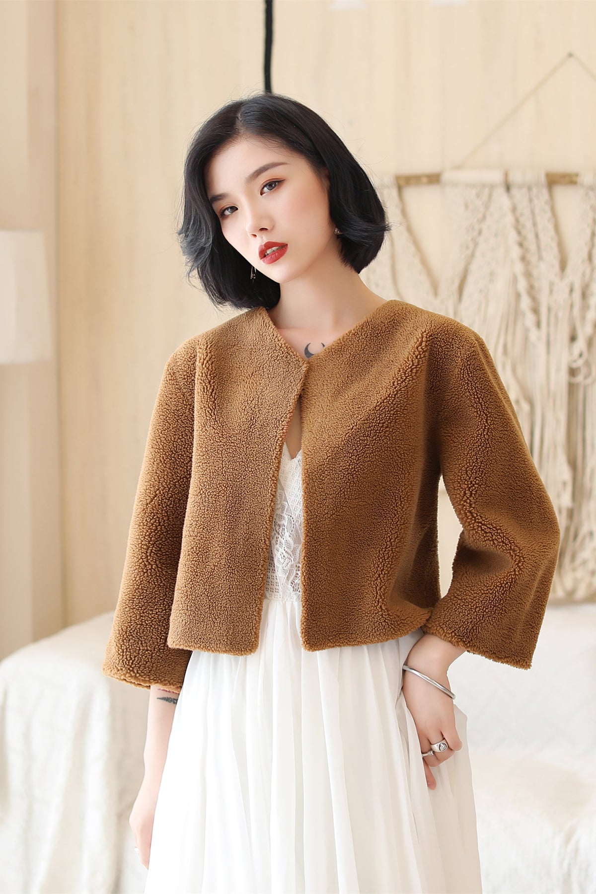 Coffee-colored Faux Mink Fur Collarless Short Jacket & Wedding Shawl