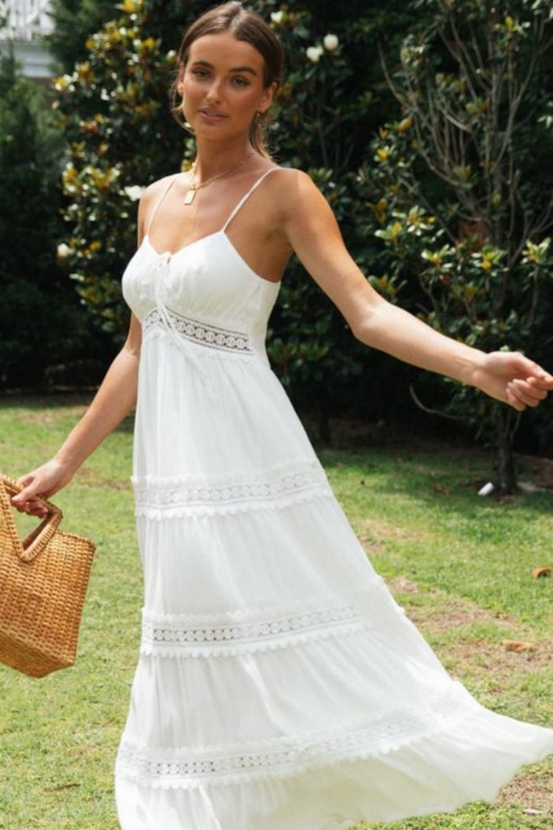 Nora Exclusive Maxi Summer Dress in a Line with Lace Trim Elevated Occasion Wear
