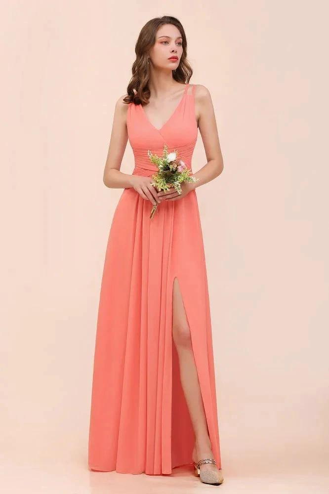 Coral Beach Bridesmaid Dress Front Split Wedding Party Dress (ZD12979)