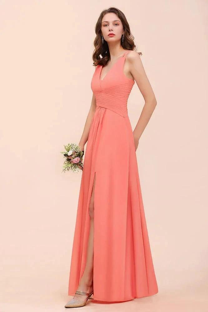 Coral Beach Bridesmaid Dress Front Split Wedding Party Dress (ZD12979)