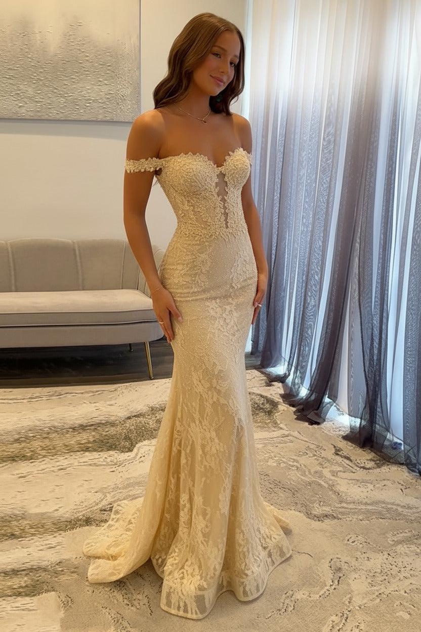 Navy Prom Dress Off The Shoulder Mermaid Long Lace Formal Dress (ZD17401)