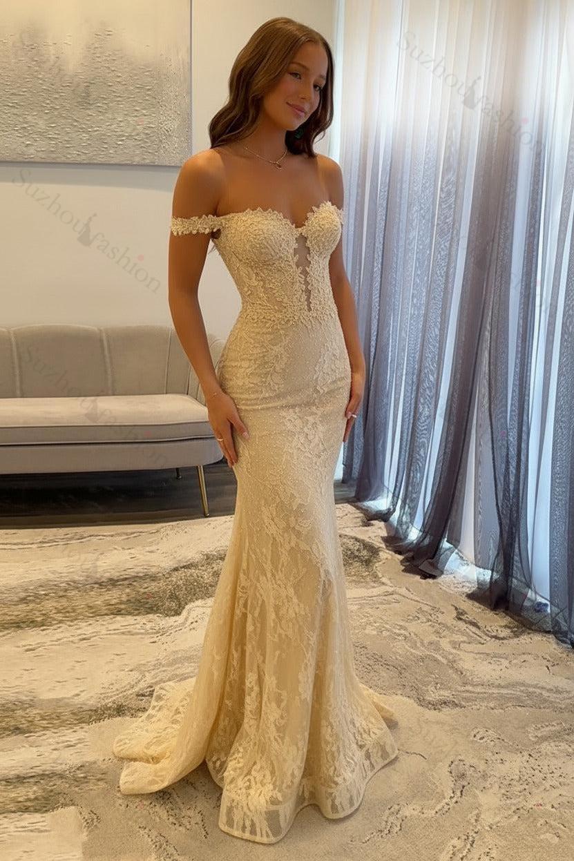Navy Prom Dress Off The Shoulder Mermaid Long Lace Formal Dress