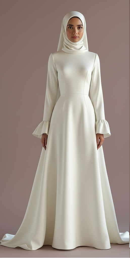 Elegant Arabic Dubai Muslim Bridal Dress with Flower Appliques and Tulle Skirt WHITE