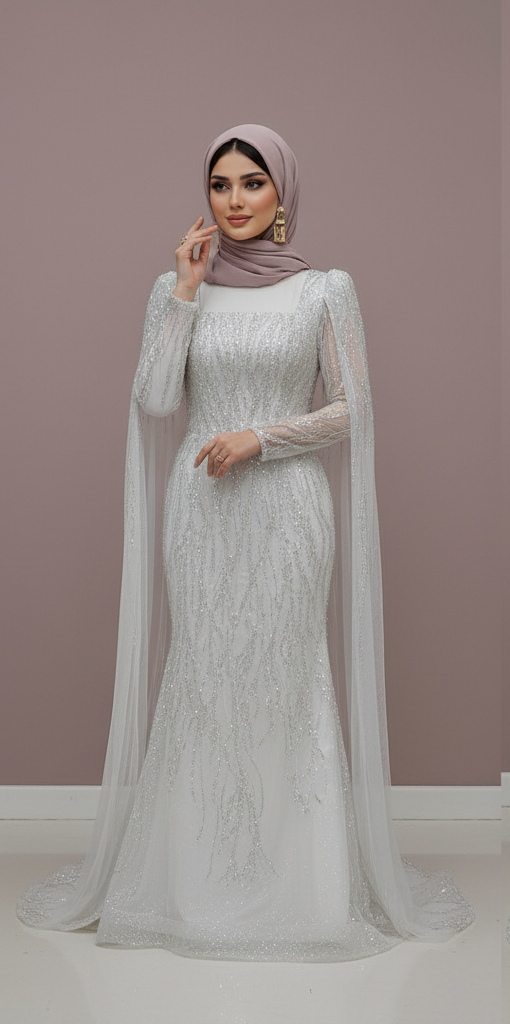 Luxury Dubai Style Muslim Bridal Dress with Appliques Flowers and Hijab WHITE
