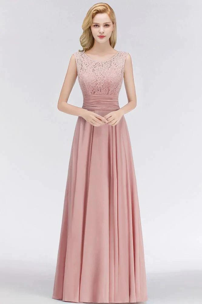 Crew Neck Lace Top Sleeveless Chiffon Bridesmaid Dress Aline Formal Dress by misshow.com