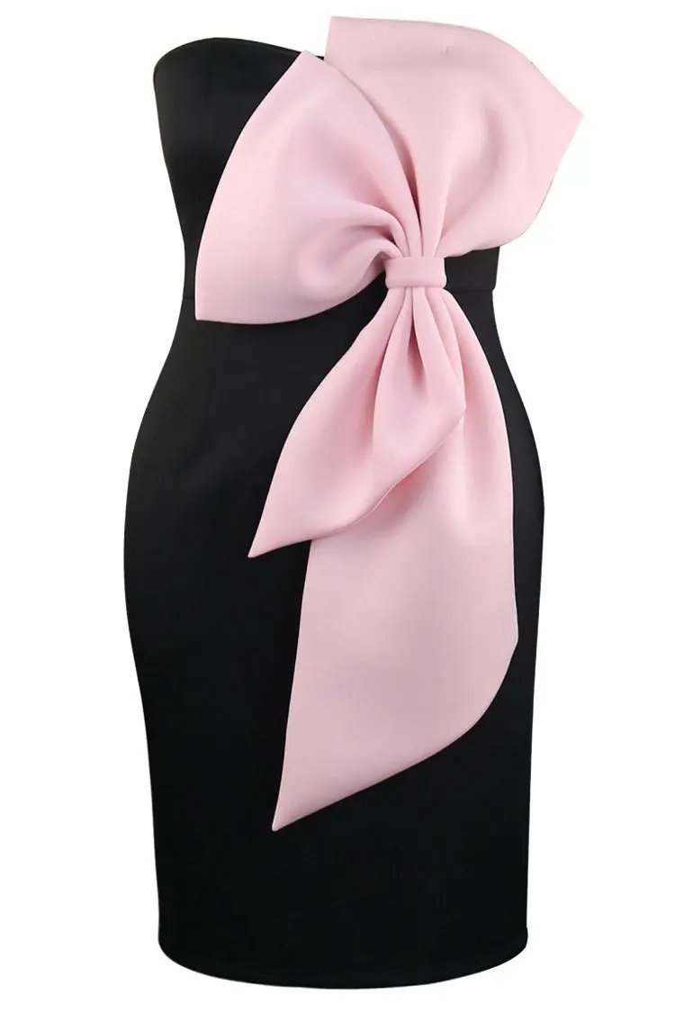 Cute Big Bow Applique Bicolor Strapless Bodycon Cocktail Party Midi Dress - Black - Fashionpara