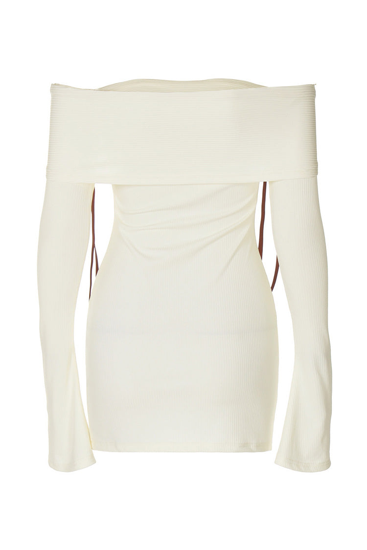 Cute Bow Foldover Off Shoulder Split Long Sleeve Ribbed Party Mini Dress - Fashionpara