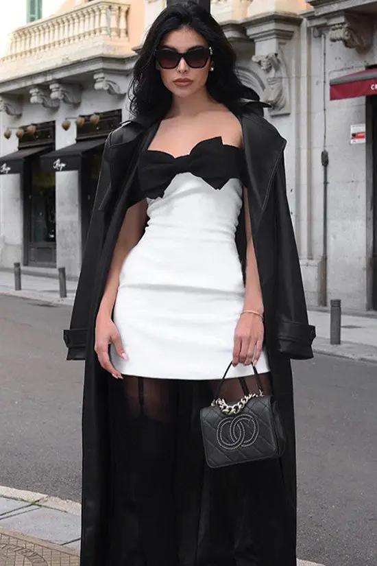 Cute Contrast Color Big Bow Trim Off Shoulder A Line Party Mini Dress - White - Fashionpara