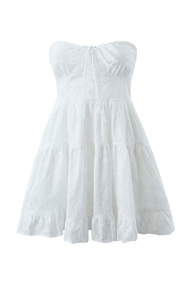 Cute Floral Embroidered Bow Tie Strapless Smocked Tiered Party Mini Dress - Fashionpara