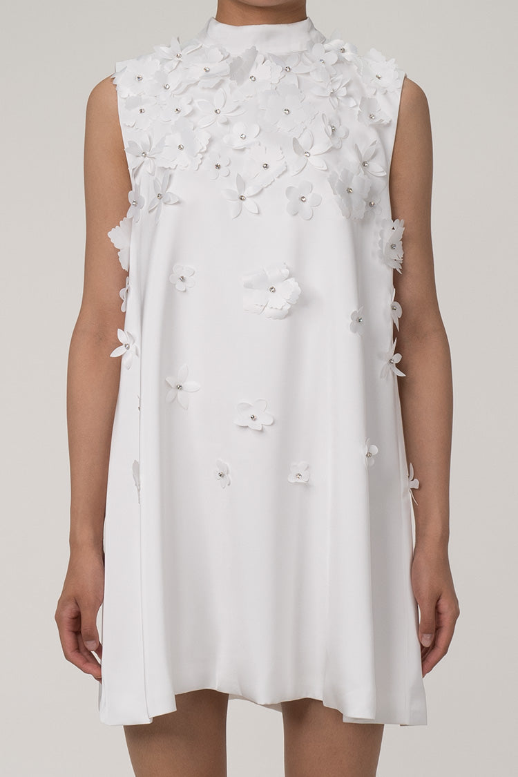 Cute Flower Applique Mock Neck Sleeveless A Line Bow Trim Party Mini Dress - Fashionpara