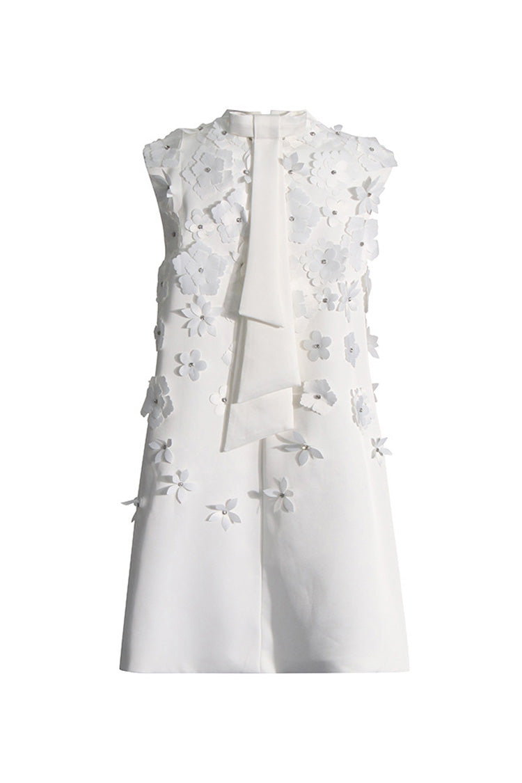 Cute Flower Applique Mock Neck Sleeveless A Line Bow Trim Party Mini Dress - Fashionpara