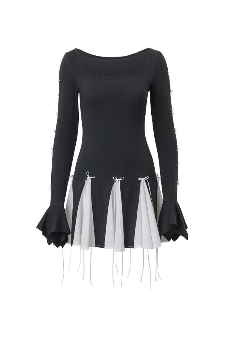 Cute Scoop Neck Bow Trim Cutout Sleeve Chiffon Ruffle Party Mini Dress - Fashionpara