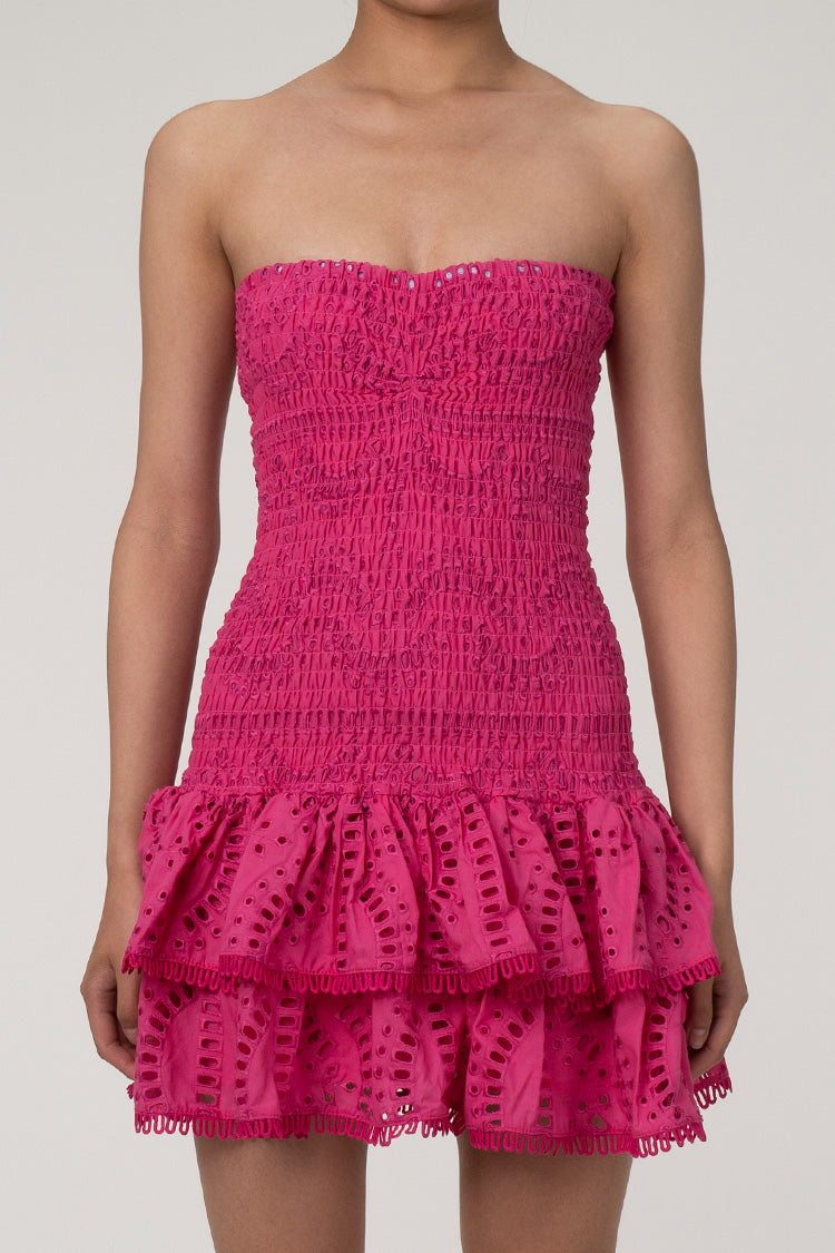 Cute Strapless Smocked Broderie Anglaise Ruffle Tiered Party Mini Dress - Fashionpara