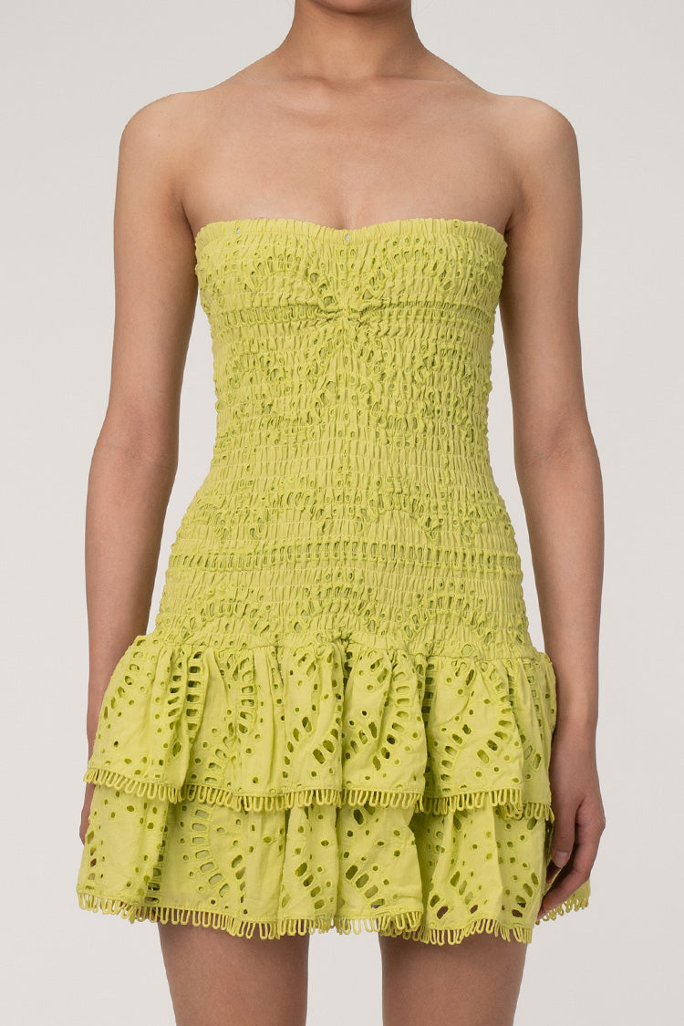 Cute Strapless Smocked Broderie Anglaise Ruffle Tiered Party Mini Dress - Fashionpara